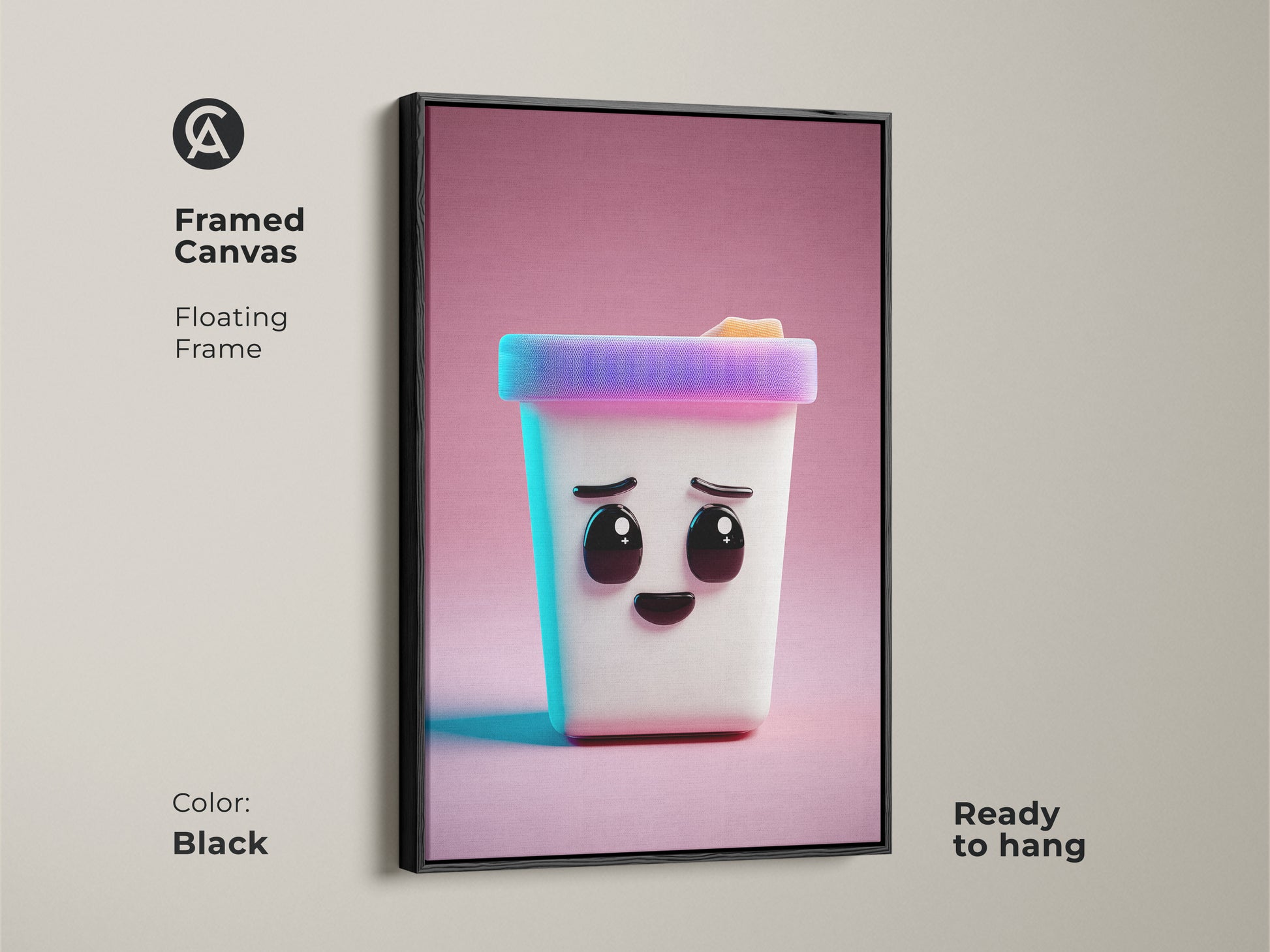 A framed canvas features a cute Kawaii ice cream cone character. This kids' wall art piece is rendered in a modern abstract style. The black floating frame is ready to hang and makes a unique birthday gift.