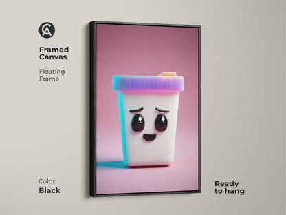 A framed canvas features a cute Kawaii ice cream cone character. This kids' wall art piece is rendered in a modern abstract style. The black floating frame is ready to hang and makes a unique birthday gift.