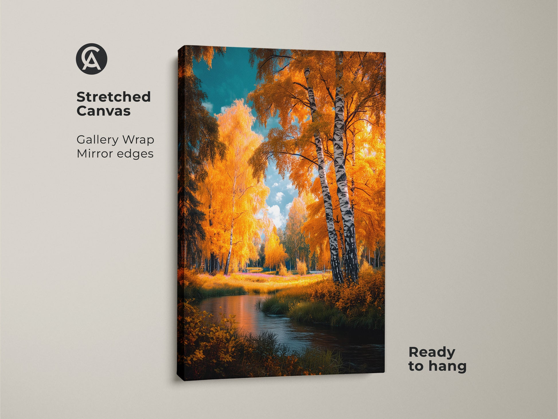 Stretched canvas art featuring birch trees and a river. The gallery wrap and mirror edges add a premium touch. Ready to hang this canvas art will bring nature indoors. The golden autumn colors create a warm ambiance. Ideal for any room decor.