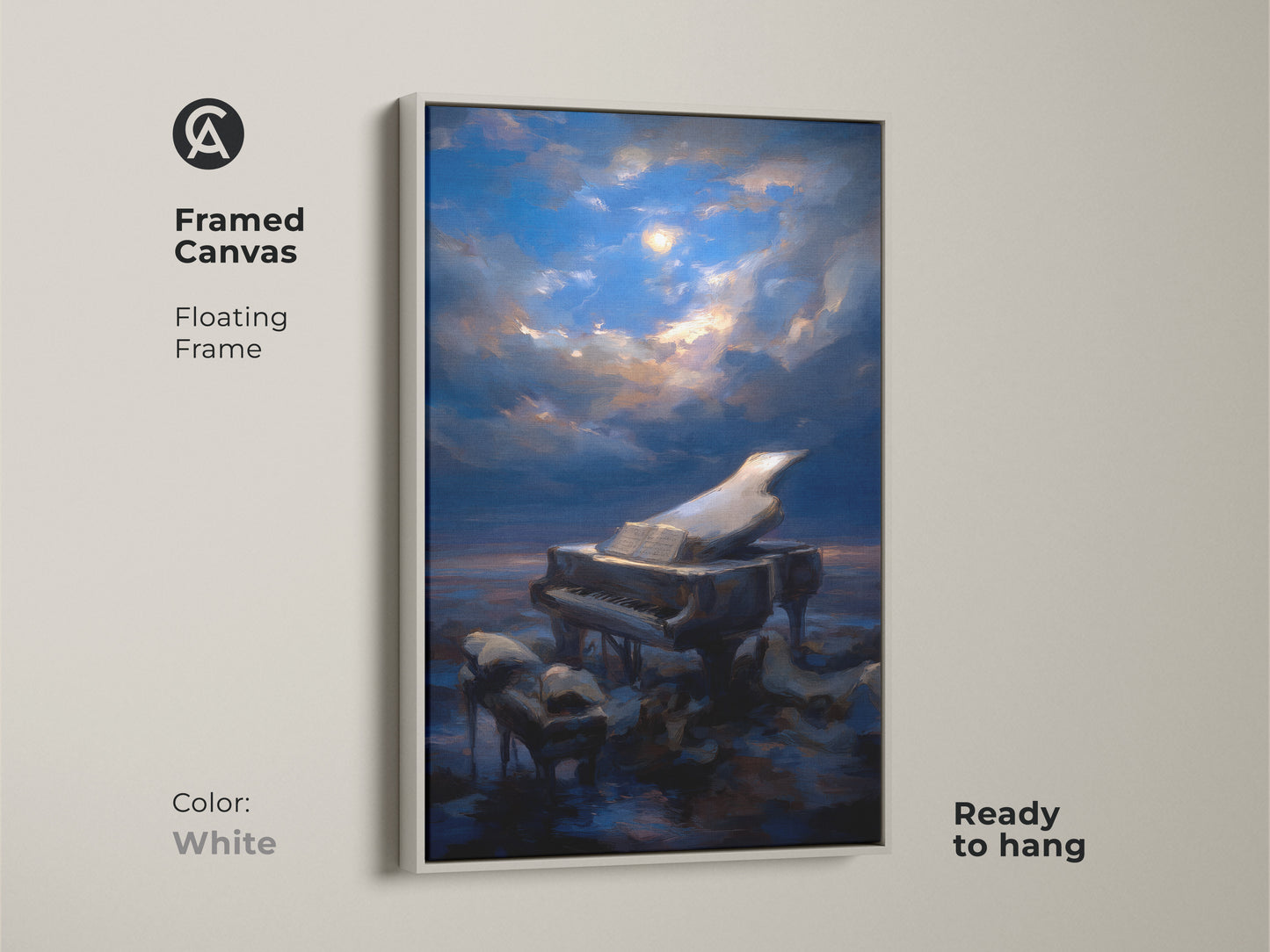 Framed canvas featuring surreal grand piano artwork. This moonlit night sky art is ready to hang. The floating white frame accentuates its deep blue and gold colors. An artistic piano painting for eclectic decor. Great gift for music lovers. The canvas enhances any music lover's home.