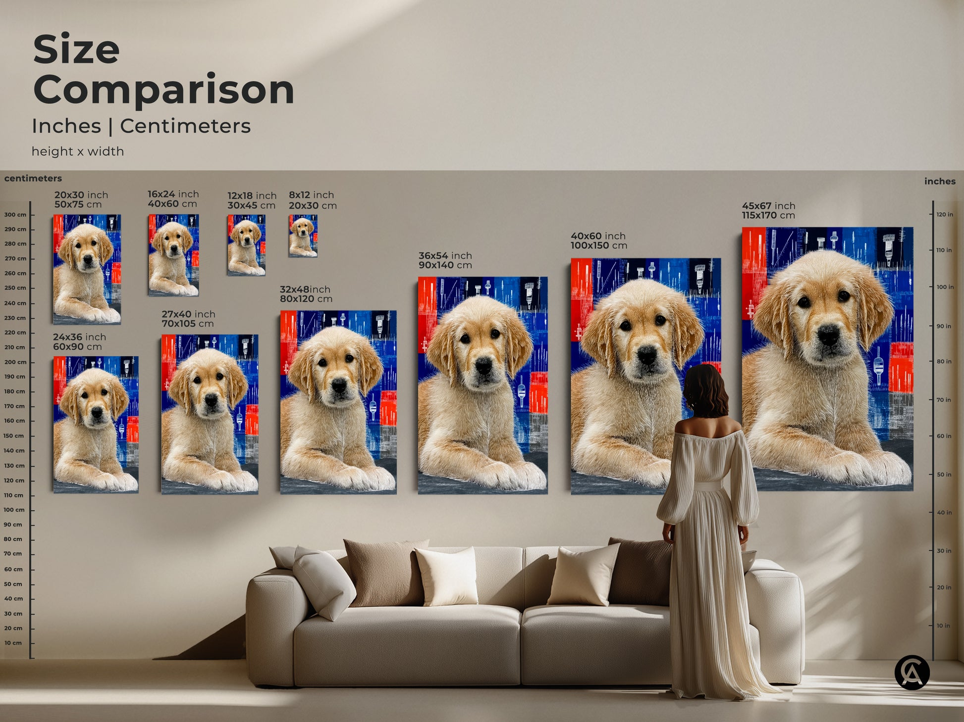 Size comparison of abstract Golden Retriever canvas art featuring inches and centimeters. This modern puppy art comes in various sizes. Visualize how this contemporary blue and red artwork fits above a sofa creating a stylish home office or bedroom. It is a perfect gift for dog lovers.