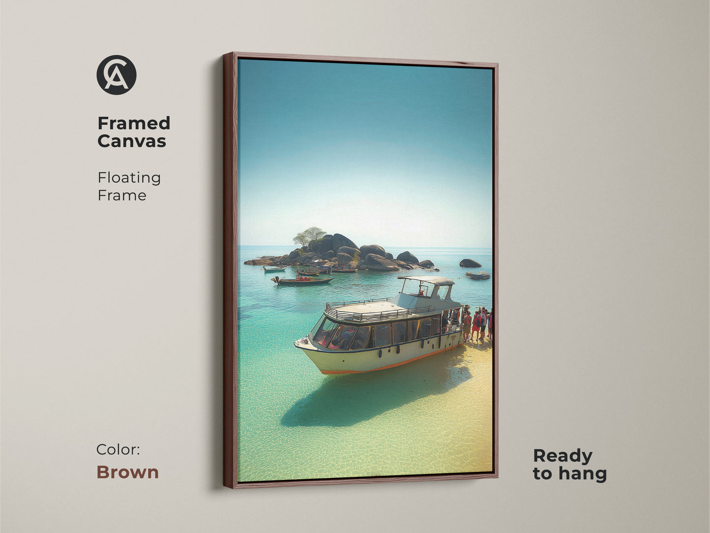 Framed Canvas with a Floating Frame in Brown. This Boat on clear water print is ready to hang. Enjoy Island getaway canvas art and Yachting scene wall decor.