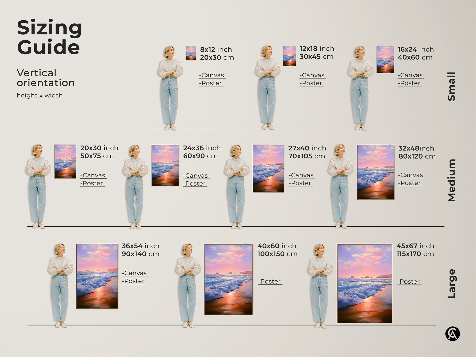 Sizing guide for vertical coastal sunset artwork. Visualize canvas poster options in various sizes. From small 8x12 to large 45x67. Find the ideal impressionist seascape wall art to complement your living space.