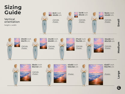 Sizing guide for vertical coastal sunset artwork. Visualize canvas poster options in various sizes. From small 8x12 to large 45x67. Find the ideal impressionist seascape wall art to complement your living space.