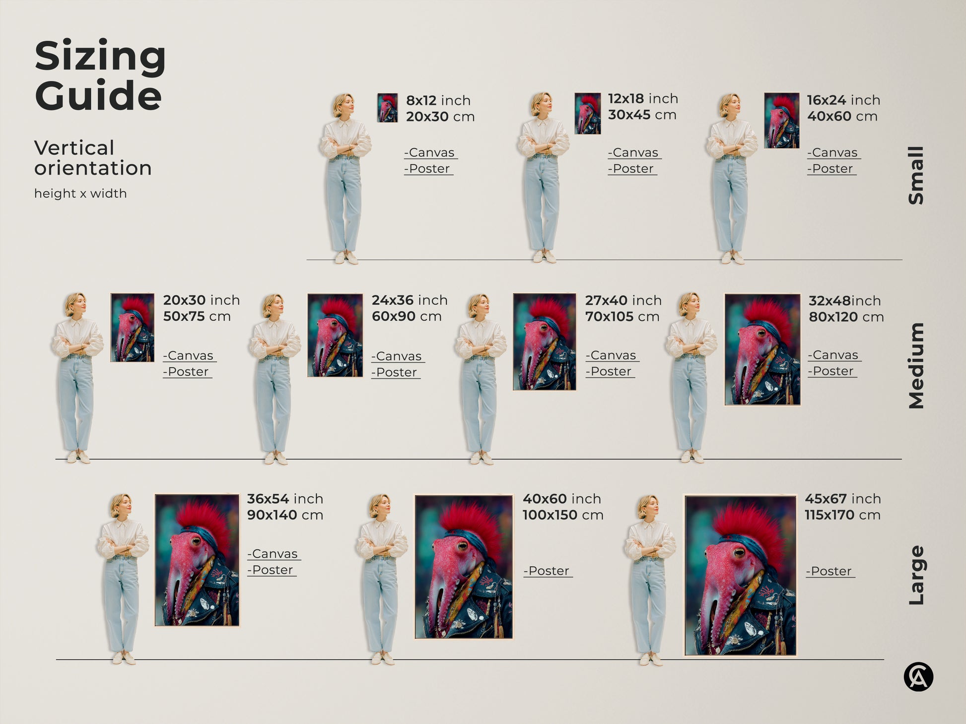 Sizing Guide for Vertical Punk Rocker Octopus Art. See the artwork in small medium and large sizes on canvas or poster. Find the perfect fit for your eclectic home decor.