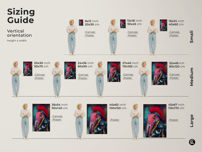 Sizing Guide for Vertical Punk Rocker Octopus Art. See the artwork in small medium and large sizes on canvas or poster. Find the perfect fit for your eclectic home decor.