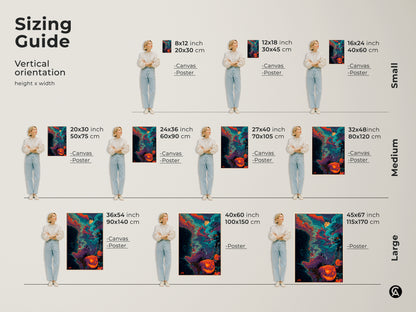 Sizing guide for vertical Halloween art. This canvas artwork is available in sizes small medium and large. Canvases and posters are available in 8x12 inch to 45x67 inch sizes. Find the perfect size for your wall.