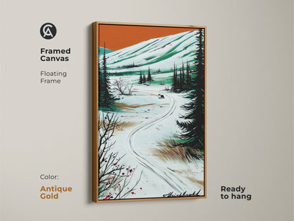 Framed winter wolf canvas art with an antique gold floating frame. This rustic artwork displays a stylized snowy forest landscape. Ready to hang and perfect as a holiday gift for animal and nature lovers.