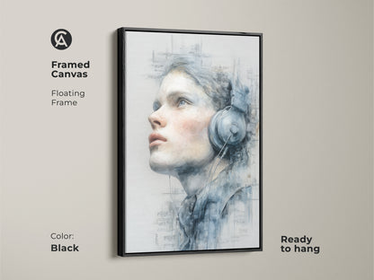 Black framed canvas art featuring a woman with headphones. The floating frame enhances the artwork's visual appeal. This ready-to-hang piece adds a touch of musical inspiration to any room. Explore framed art now.