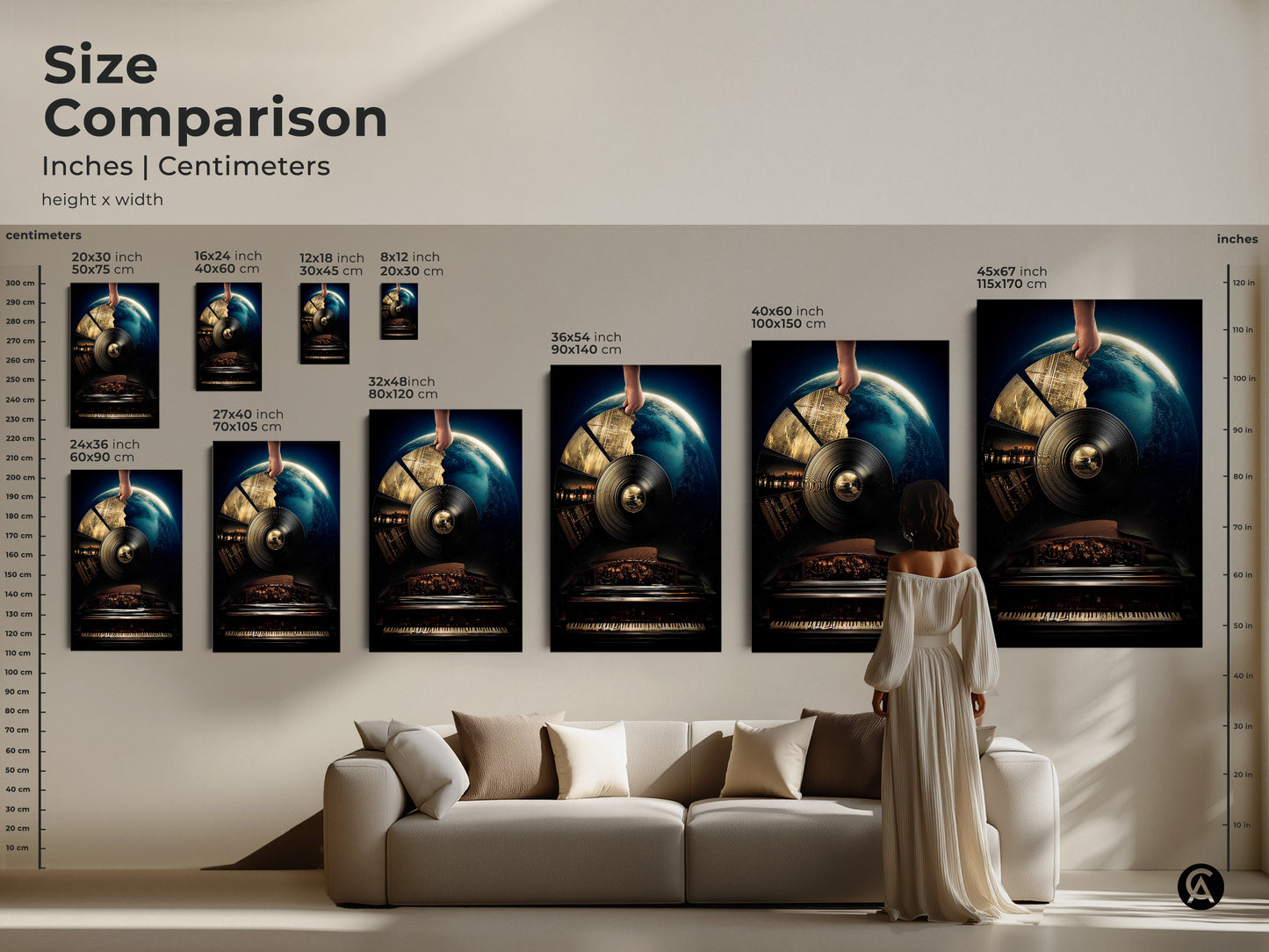 A size comparison showcases surreal vinyl record art in a living room setting. See how different sizes of this conceptual art piece enhance your space. The earth piano music theme in deep blue gold adds a unique eclectic touch to any home.