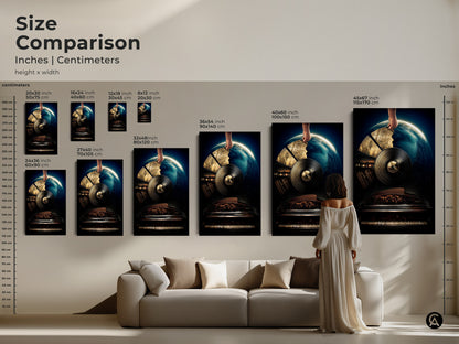 A size comparison showcases surreal vinyl record art in a living room setting. See how different sizes of this conceptual art piece enhance your space. The earth piano music theme in deep blue gold adds a unique eclectic touch to any home.