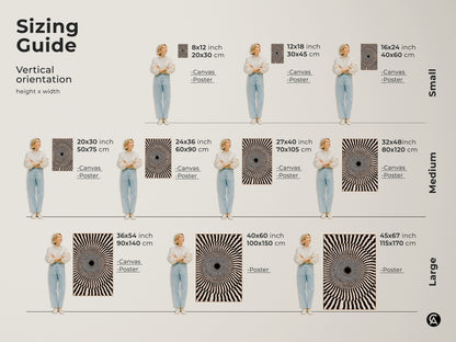 Sizing Guide for Vertical Orientation of abstract artwork. Canvas and Poster prints are available in small medium and large sizes. The geometric swirl print is shown in various dimensions. Use this guide to find the perfect fit for your space.