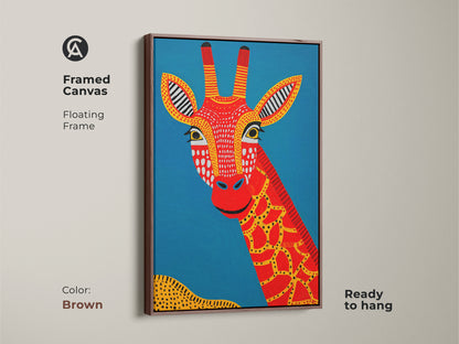 Framed Canvas with a brown frame displaying the Tribal Giraffe Artwork. Ready to hang this piece adds a touch of safari themed art to any room. The red giraffe stands out against a blue backdrop with yellow details. A unique and colorful animal print for bohemian bedroom art.