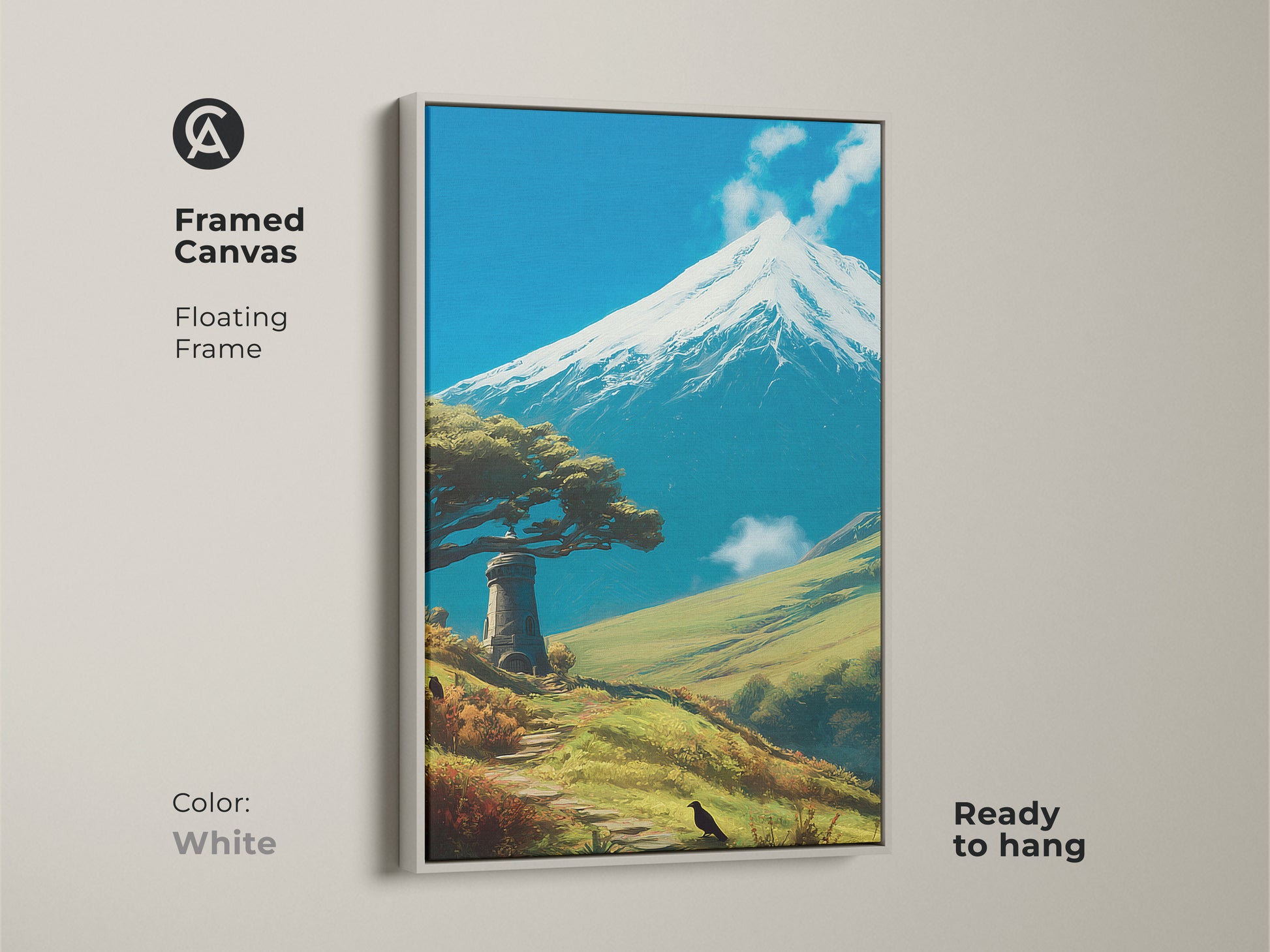 Framed Canvas in White Floating Frame showcases mountain lighthouse art. The scenic landscape print captures nature's beauty. Blue sky wall art brings a contemporary touch to home decor. A nature travel artwork is ready to hang. Ideal for adding an adventure themed coastal lighthouse decor.
