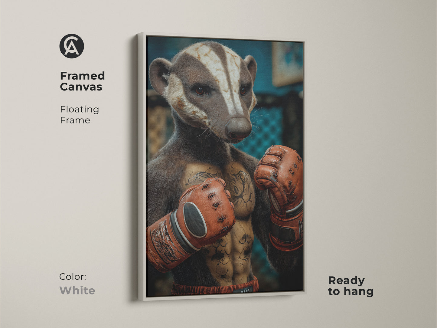 Framed canvas featuring the Badger Boxer with a white floating frame. Ready to hang this sports animal artwork adds an eclectic touch. It's perfect for lovers of unique office decor. Ideal gift for boxing fans seeking tough animal art.