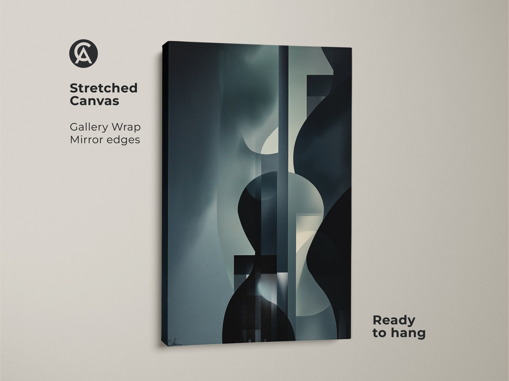 Stretched canvas print of a navy gray and teal abstract geometric art piece. This modern artwork is ready to hang. Perfect for minimalist wall decor in an office or home setting.