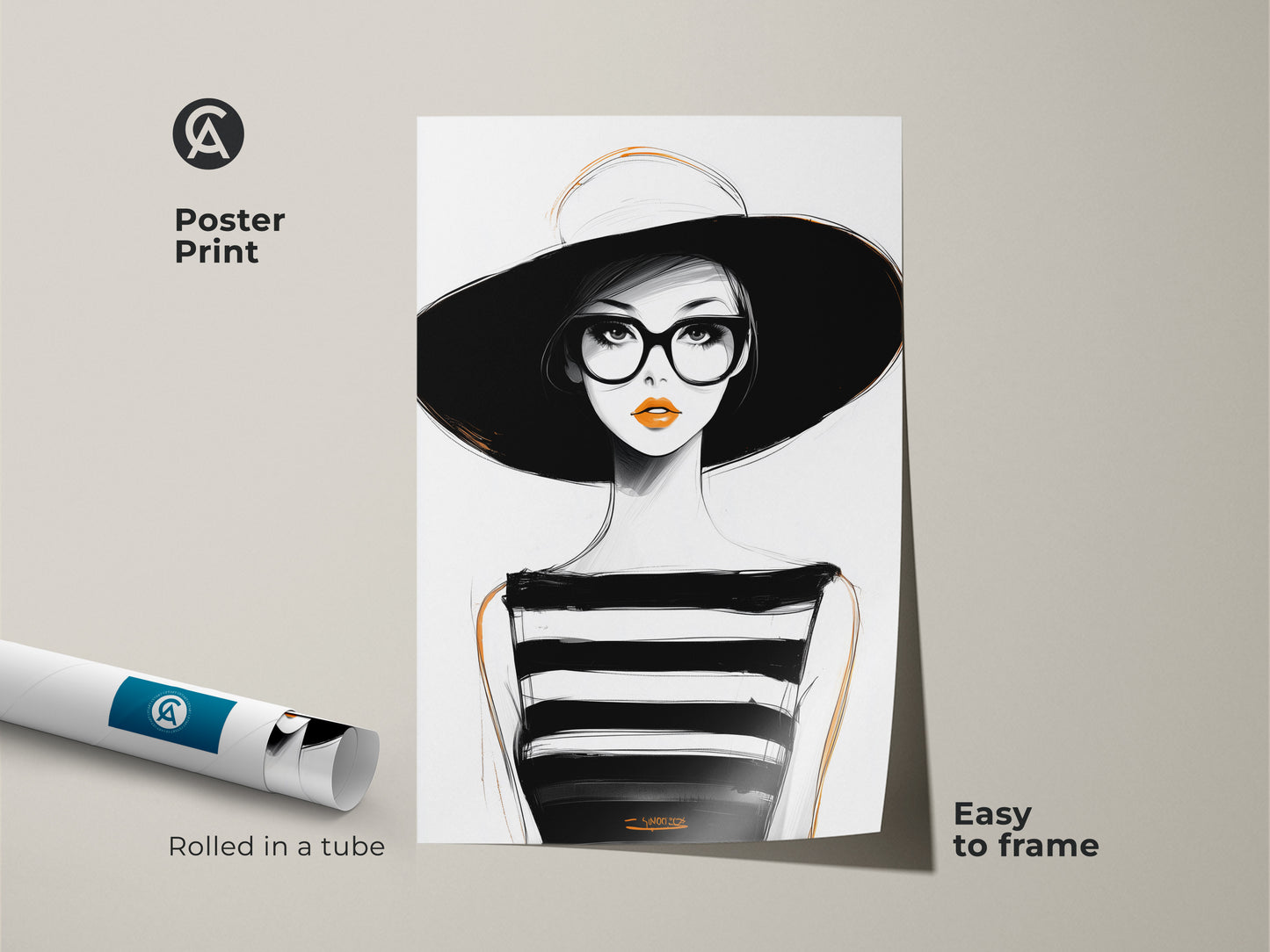 Poster print of a minimalist woman portrait. This fashion illustration is rolled in a tube and easy to frame. The black white and orange wall art makes a stylish statement. It is perfect for minimalist home decor.