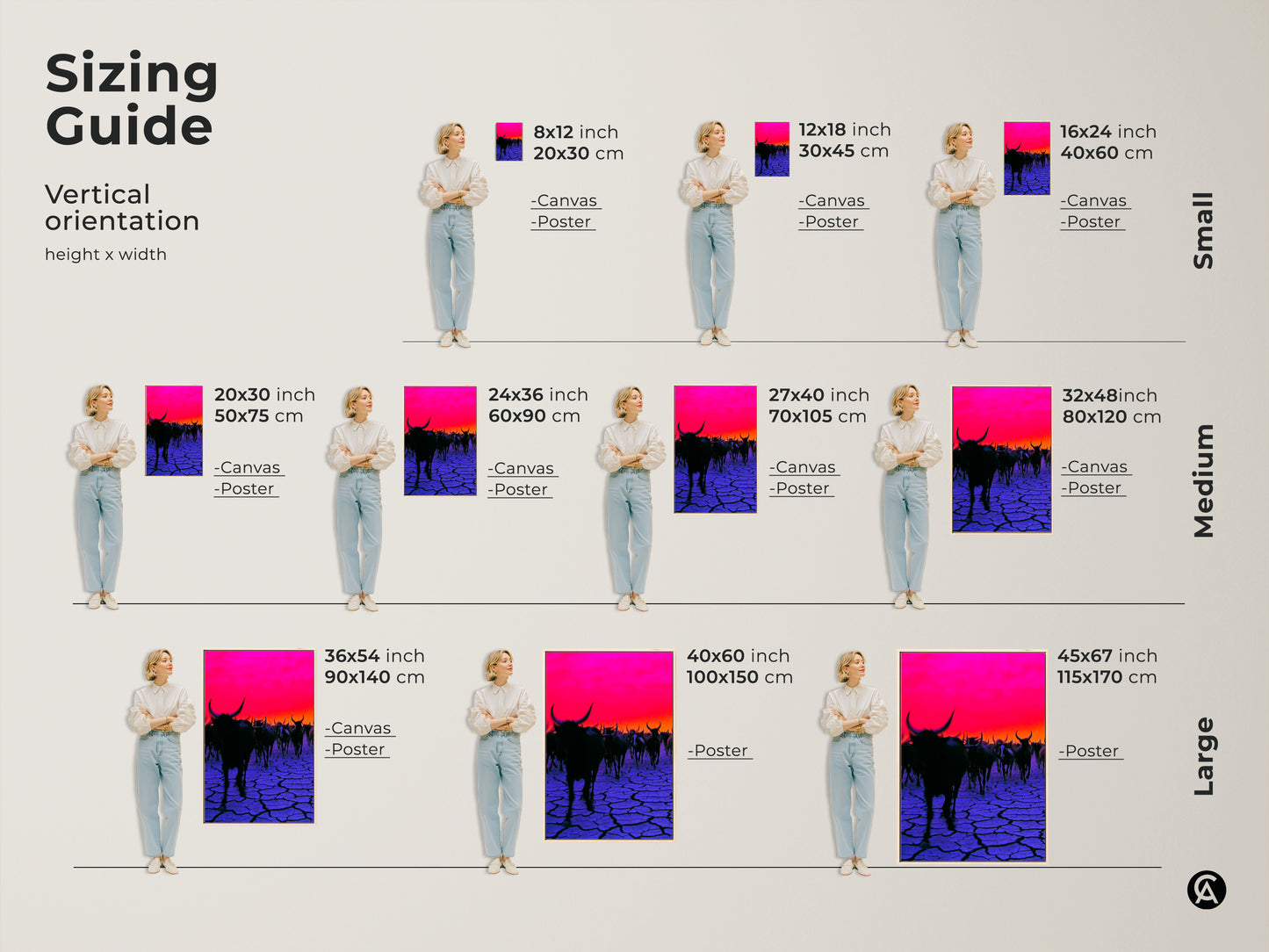 Sizing guide for vertical orientation artwork. Canvas and poster options. From small 8x12 to large 45x67 inch. Featuring a surreal cattle herd. Find the perfect size for your space.