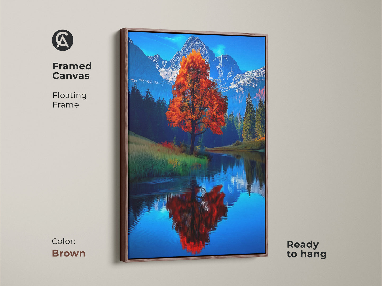 Framed canvas showcasing a fall landscape with an orange tree by a lake. The brown floating frame complements this contemporary nature artwork. This impressionistic autumn scene is ready to hang. Perfect as a home office nature print. The vivid orange tree artwork adds warmth to any room. A scenic mountain view canvas print.