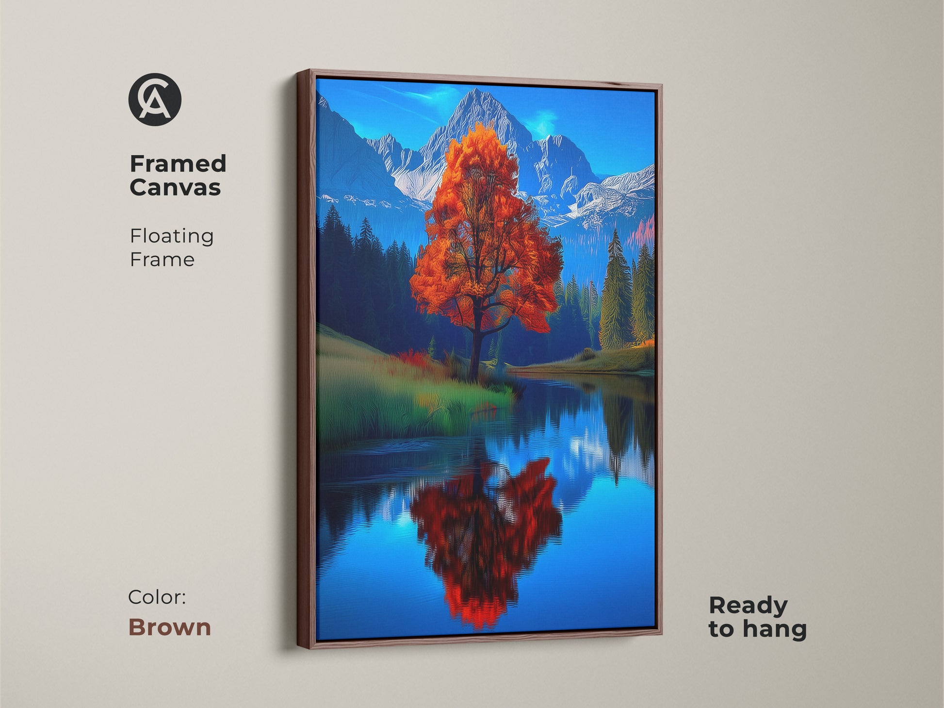 Framed canvas showcasing a fall landscape with an orange tree by a lake. The brown floating frame complements this contemporary nature artwork. This impressionistic autumn scene is ready to hang. Perfect as a home office nature print. The vivid orange tree artwork adds warmth to any room. A scenic mountain view canvas print.