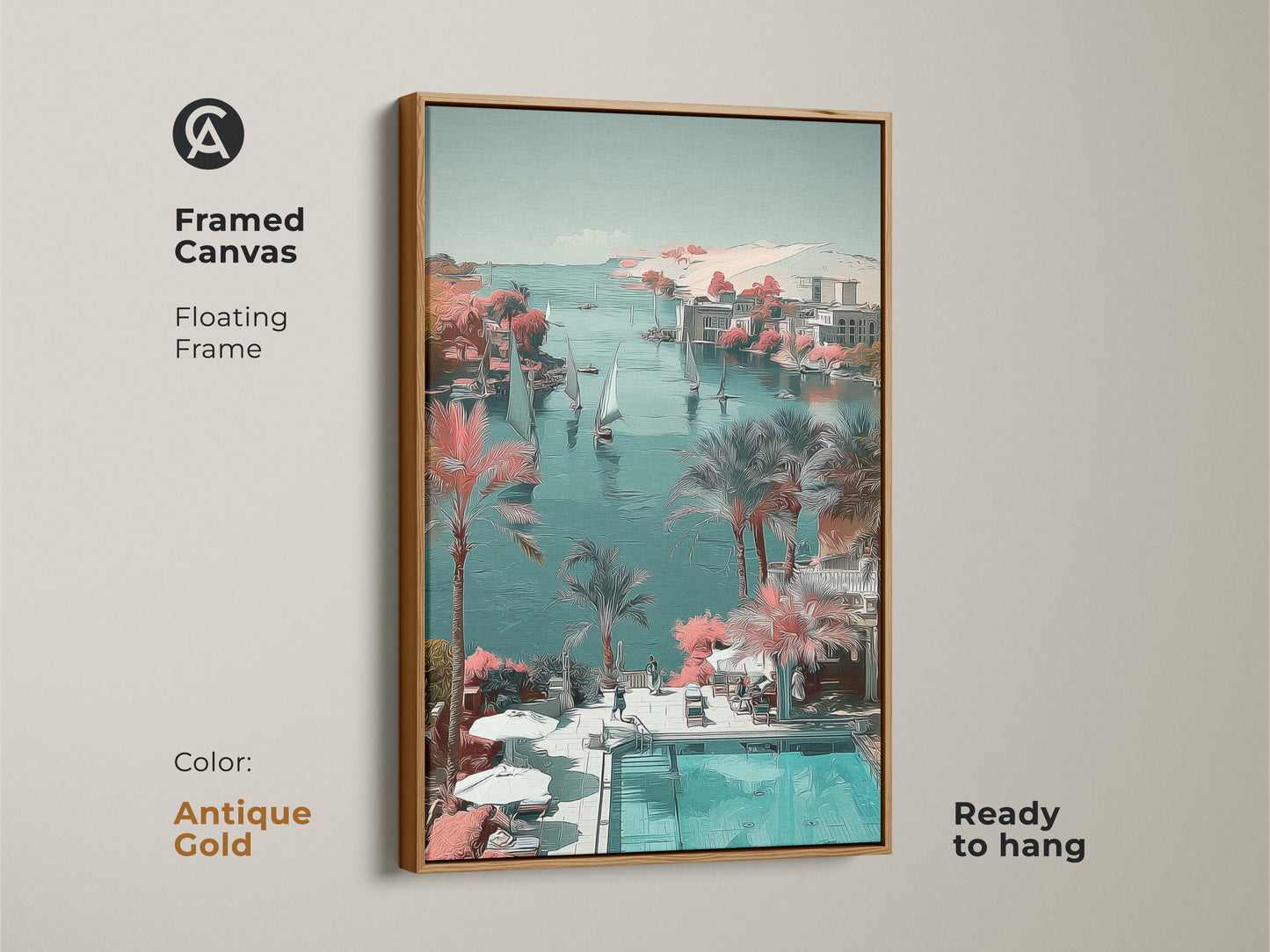 Antique gold framed coastal sailboat canvas art. This teal aqua palm tree print makes great nautical landscape wall art. This beach house bedroom decor is ready to hang. The stylized coastal scene artwork is a housewarming gift.