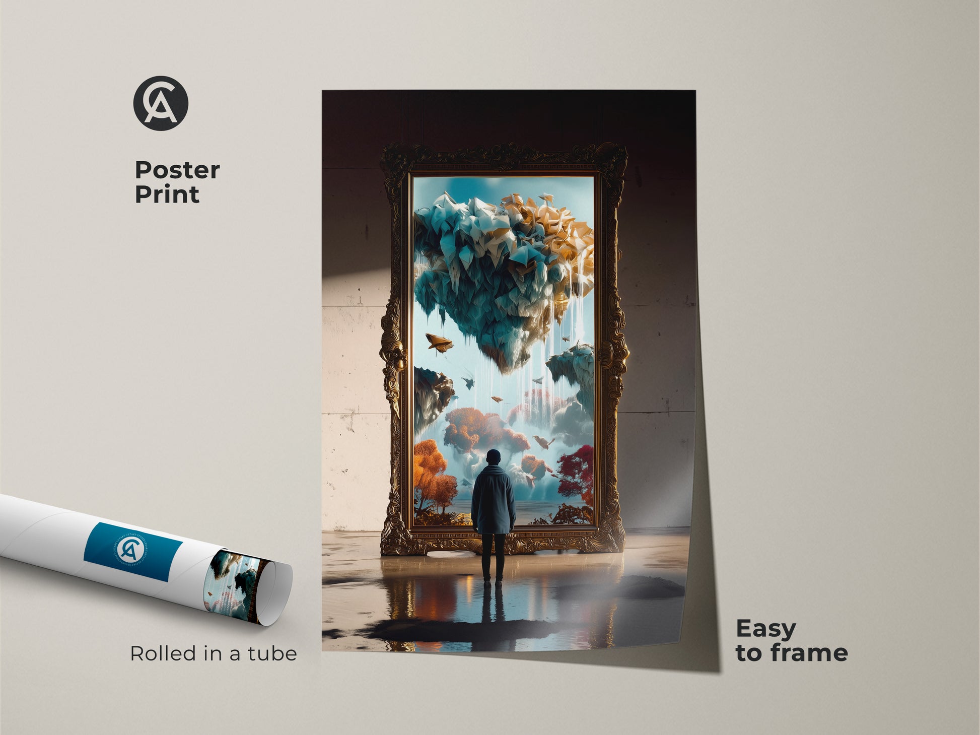 Poster print of surreal floating islands art. The dreamy portal artwork is rolled in a tube. It is easy to frame. Perfect for eclectic home decor and fantasy wall art.