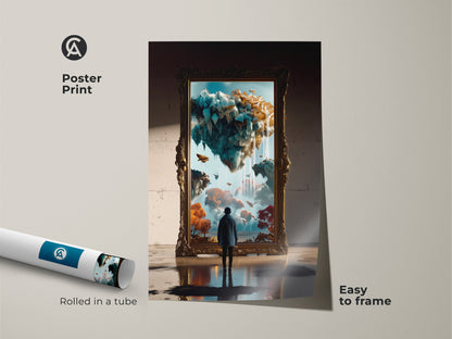 Poster print of surreal floating islands art. The dreamy portal artwork is rolled in a tube. It is easy to frame. Perfect for eclectic home decor and fantasy wall art.