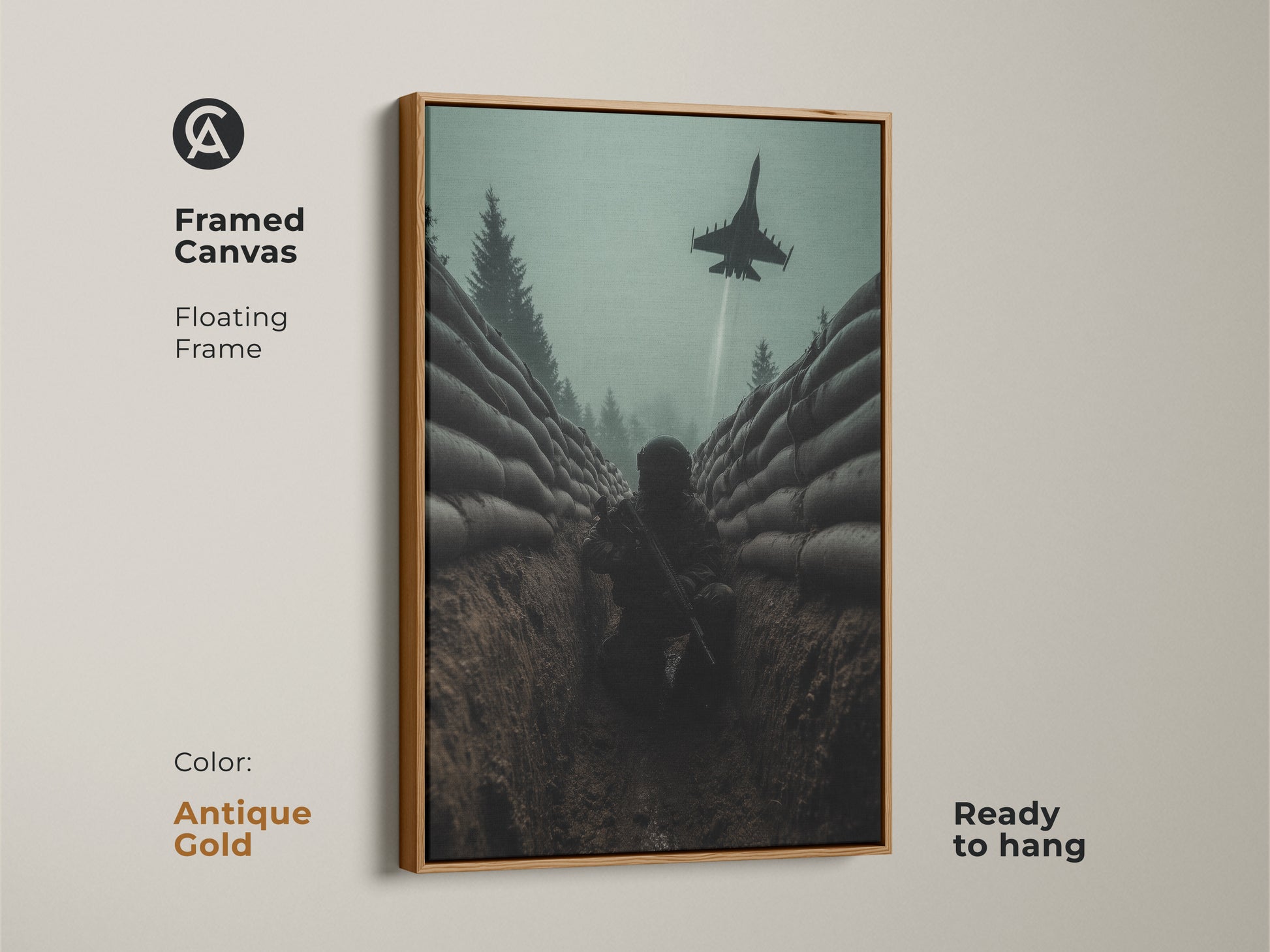 Framed canvas artwork shows a soldier in a trench. The fighter jet flies above. This industrial military wall decor is great for any room. The floating frame comes in antique gold. This is a statement wall art piece.