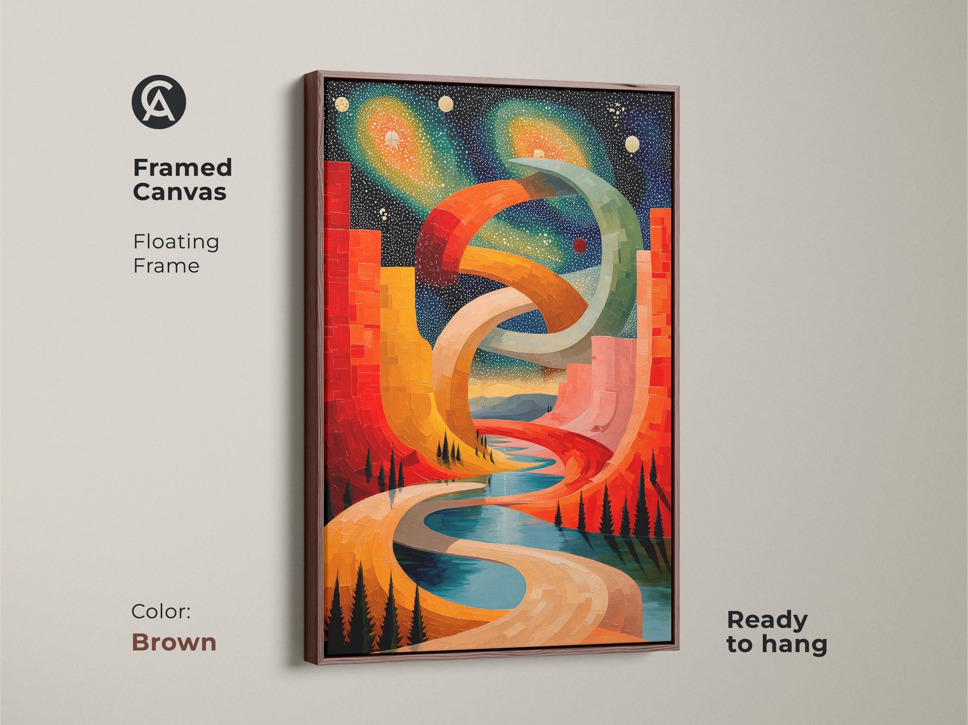 Framed canvas displaying an abstract cosmic cityscape. This version shows off an antique gold floating frame. The surreal geometric artwork is a red orange and blue canvas. Ideal for adding contemporary flair. The perfect wall decor.