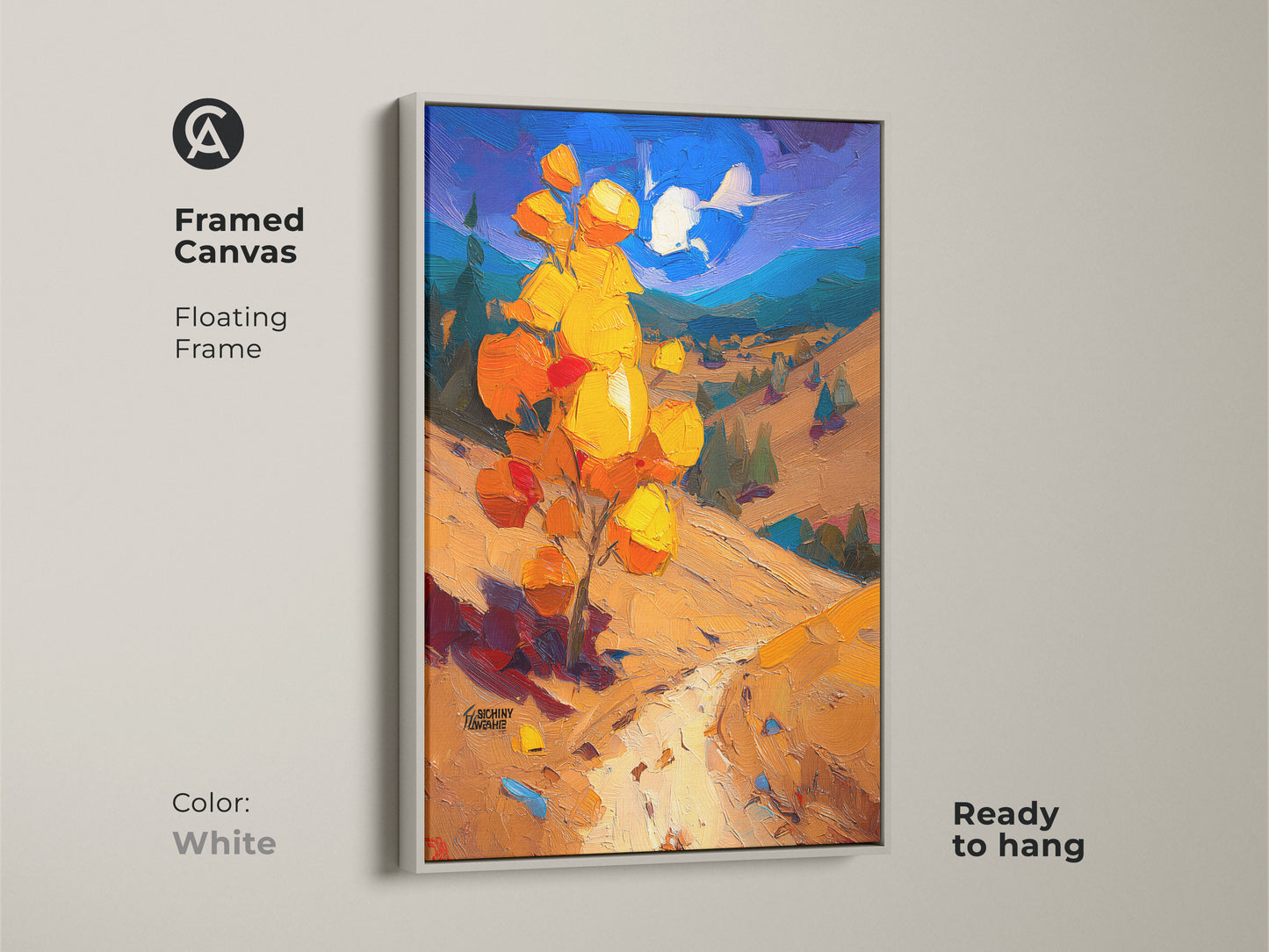 Framed canvas with a floating white frame showcasing an impressionist autumn scenery. A yellow orange tree is set against a purple blue sky. Ready to hang nature artwork for vibrant fall decor. 