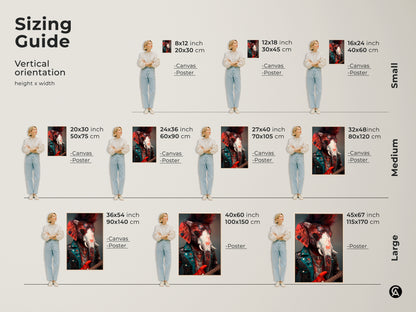Sizing guide featuring a punk rock elephant art canvas. See how this red orange teal surreal artwork fits various wall sizes. This unique animal fantasy art is perfect for musician birthday gifts.