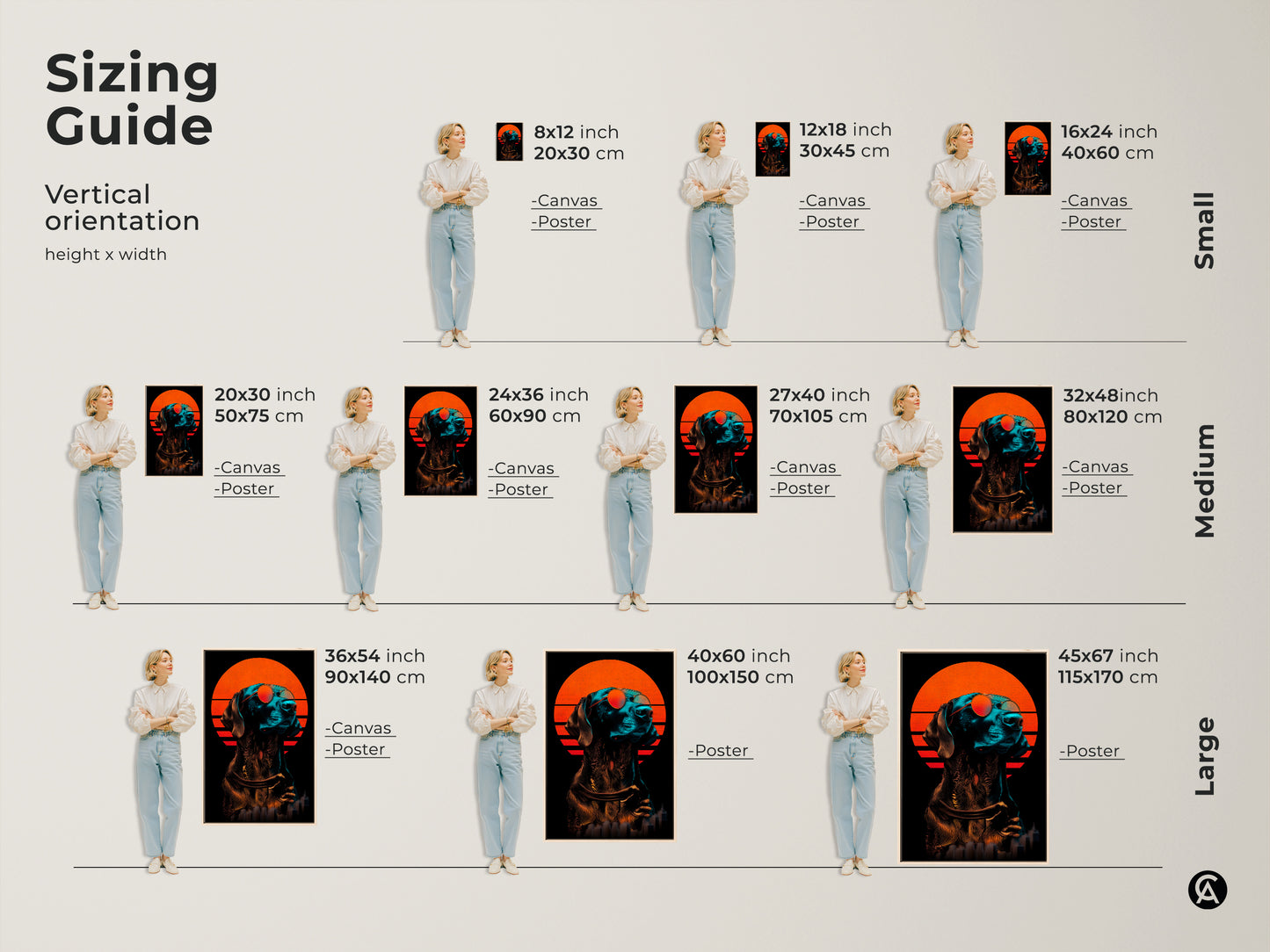Sizing guide for eclectic dog art print. This displays a vertical orientation. There are small medium and large sizes. The synthwave dog with sunglasses artwork is shown in various sizes.