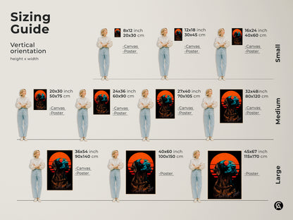 Sizing guide for eclectic dog art print. This displays a vertical orientation. There are small medium and large sizes. The synthwave dog with sunglasses artwork is shown in various sizes.