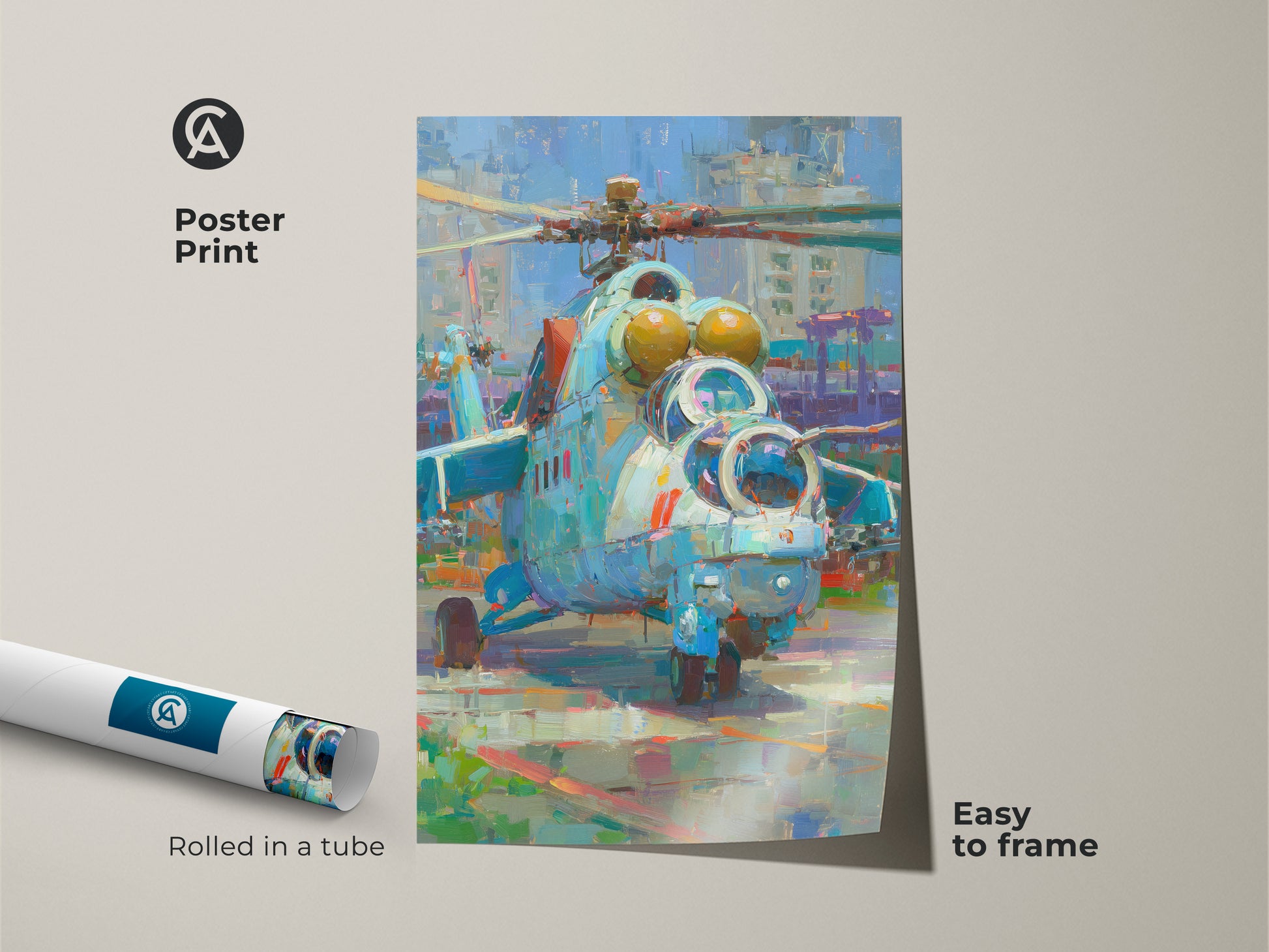 Poster print featuring an artistic rendering of a military helicopter. This artwork is rolled in a tube for easy framing. The print is easy to frame. Ideal for aviation enthusiasts and art collectors. The impressionistic style adds a touch of modern sophistication to any space. A unique addition to your art collection.