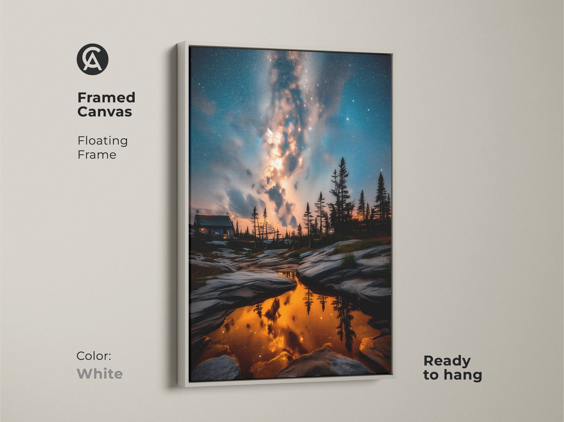 Framed canvas artwork featuring a captivating night sky with a white floating frame. The artwork is perfect for astronomy lovers and features the Milky Way reflecting in a pond. It is a ready to hang stargazing gift idea.