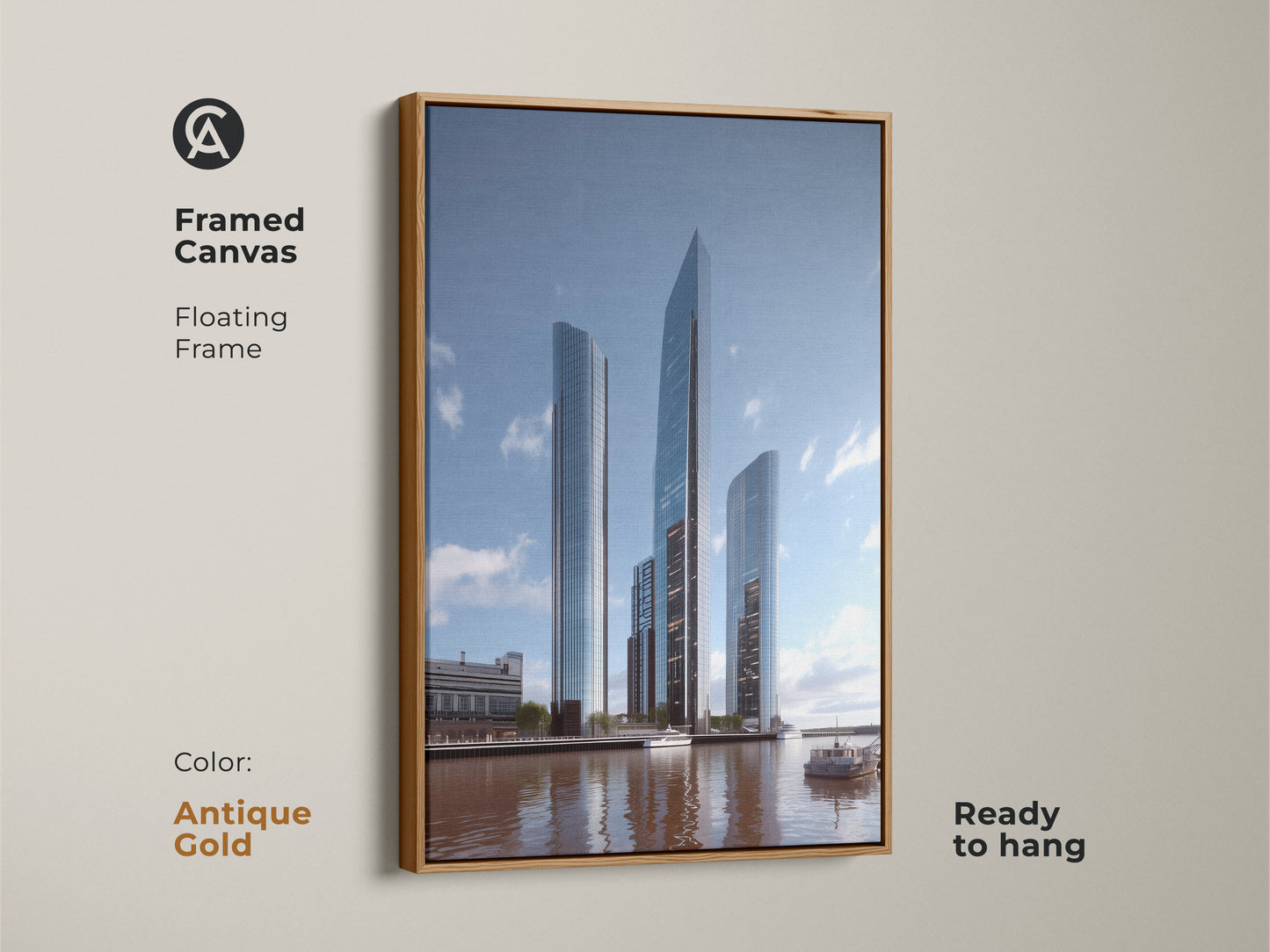 Antique gold framed canvas print features a modern cityscape with a floating frame. Steel blue and gray tones provide elegant building artwork. This ready to hang piece enhances minimalist city decor or serves as a thoughtful new home gift art.