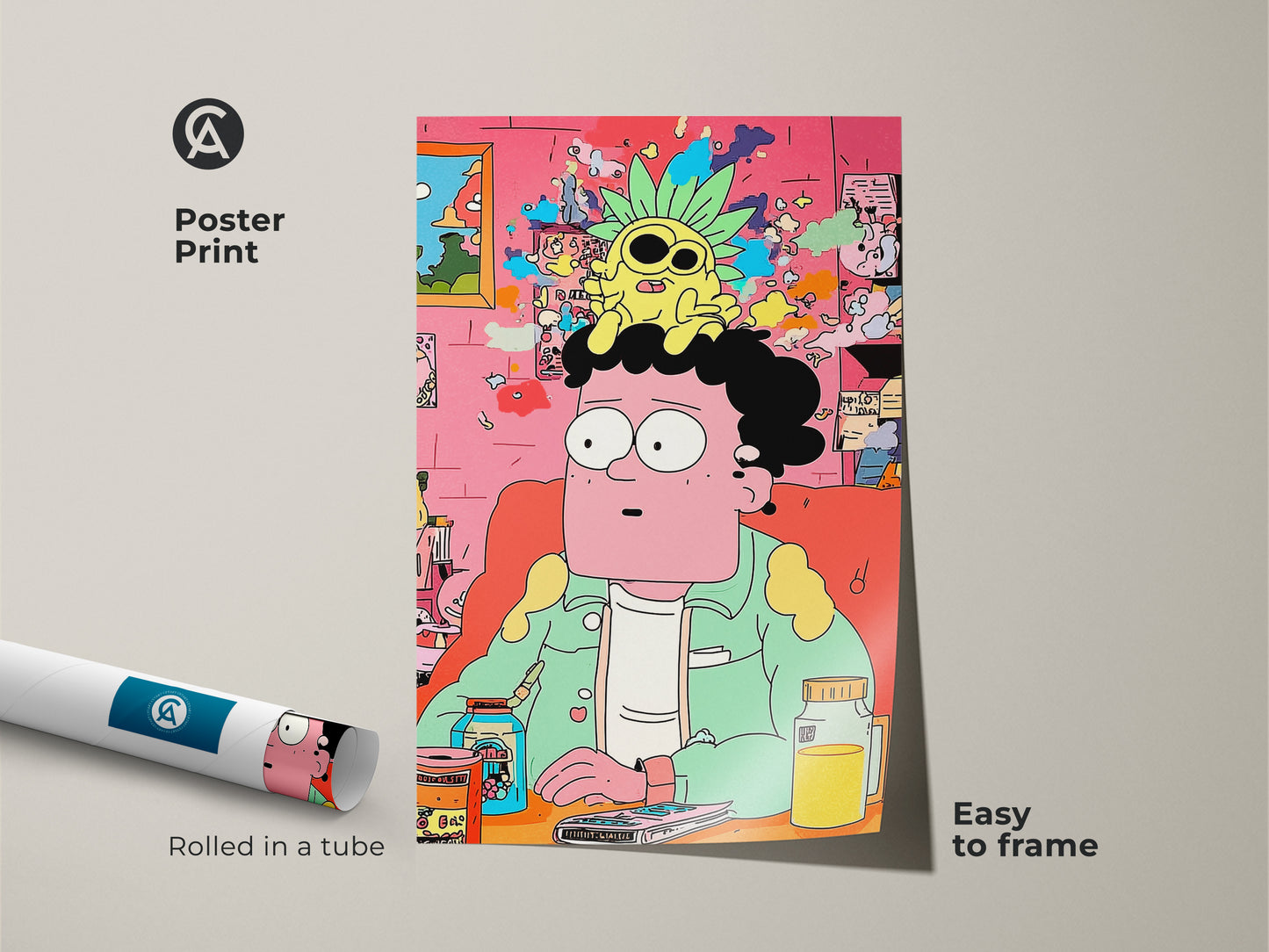 A poster print shows a man with a pineapple on his head. The cartoon art is vibrant and modern. The poster print arrives rolled in a tube. It is easy to frame and display.