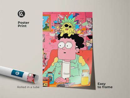 A poster print shows a man with a pineapple on his head. The cartoon art is vibrant and modern. The poster print arrives rolled in a tube. It is easy to frame and display.