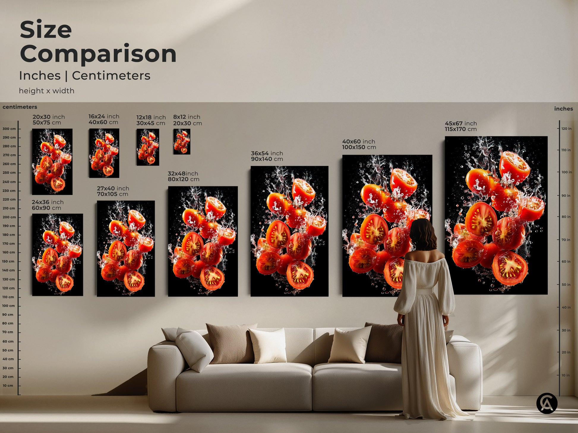 Size comparison of tomato splash artwork. See how the art fits in various sizes. Visualize it above a sofa for perfect decor. Choose from canvas and poster prints. Find the ideal size to transform your space. Elevate your home with vibrant art.