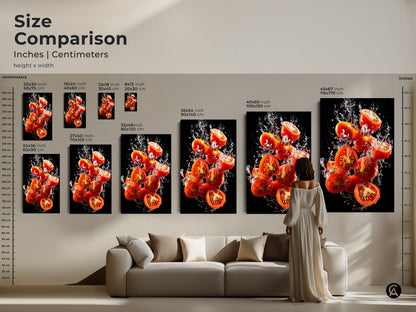 Size comparison of tomato splash artwork. See how the art fits in various sizes. Visualize it above a sofa for perfect decor. Choose from canvas and poster prints. Find the ideal size to transform your space. Elevate your home with vibrant art.
