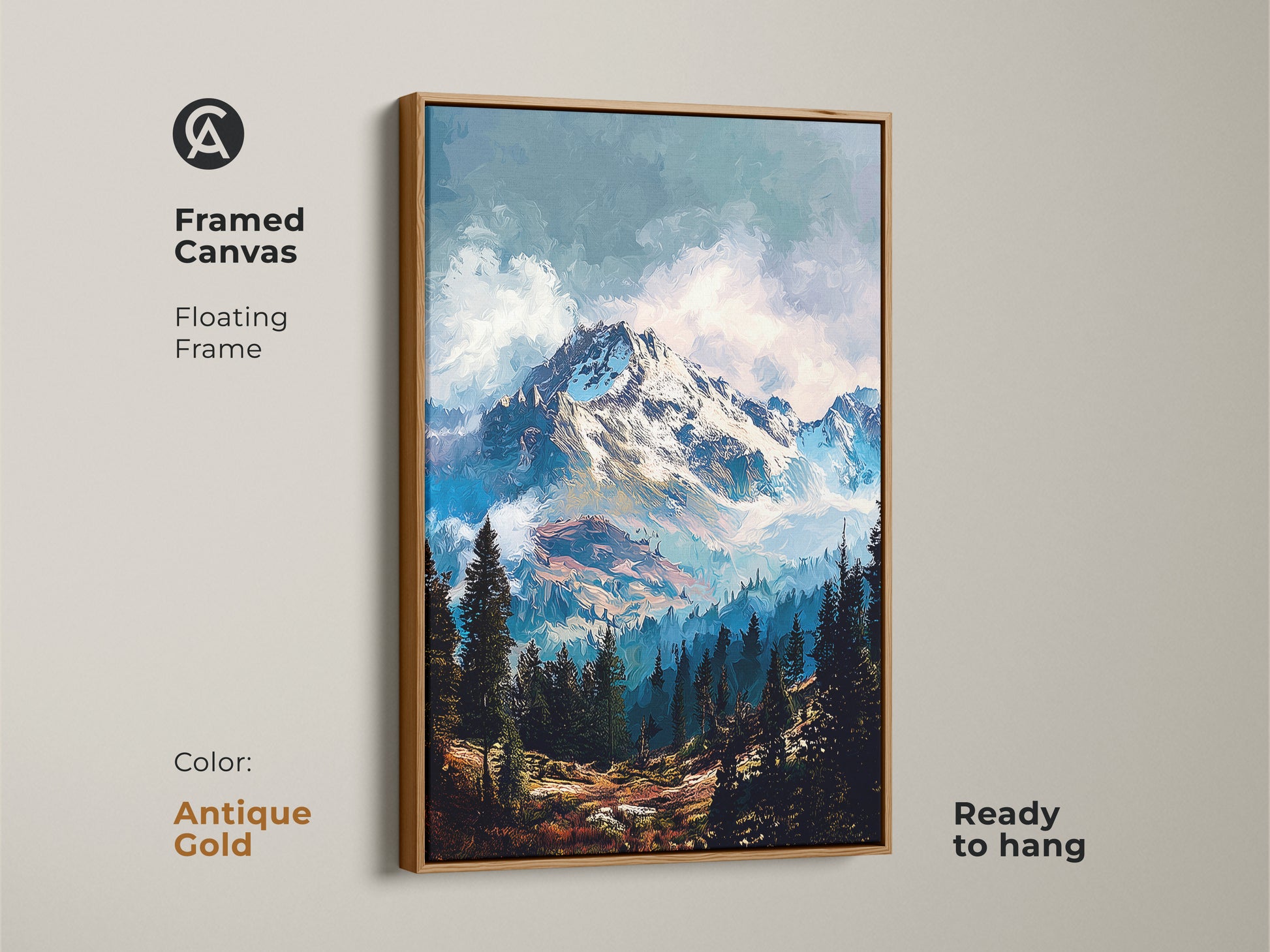 Framed canvas artwork with a floating frame in antique gold. This mountain landscape art is perfect for adding elegance to your walls. It is ready to hang. Buy this framed mountain canvas with an antique gold finish.