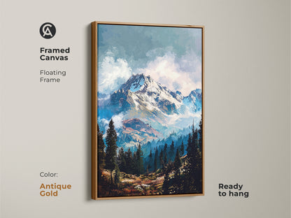 Framed canvas artwork with a floating frame in antique gold. This mountain landscape art is perfect for adding elegance to your walls. It is ready to hang. Buy this framed mountain canvas with an antique gold finish.