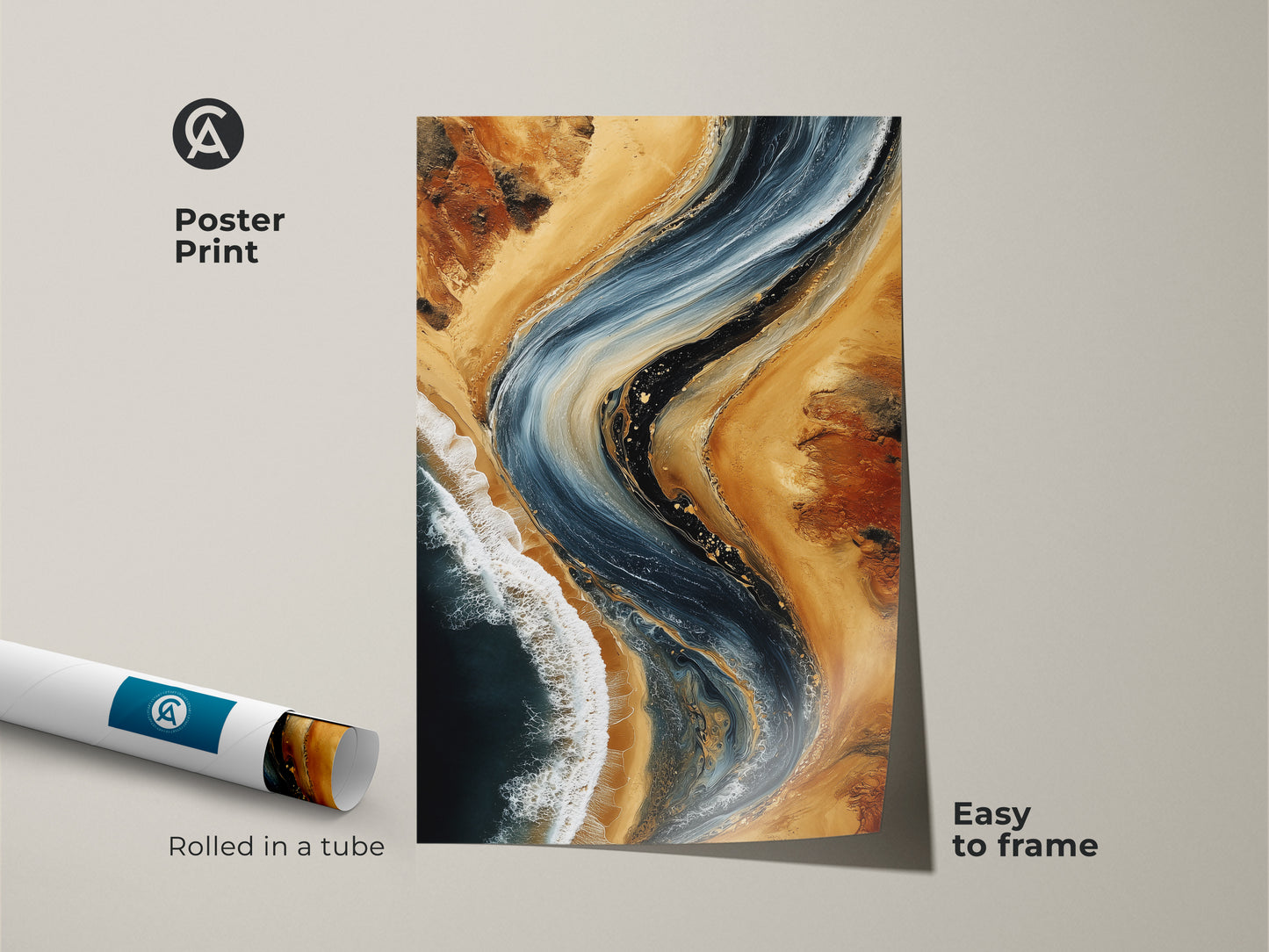Poster print of Deep Blue and Sandy Beige abstract art. Ocean wave wall art rolled in a tube for easy framing. Coastal landscape artwork. The modern abstract artwork serves as a sophisticated focal point for any contemporary interior.
