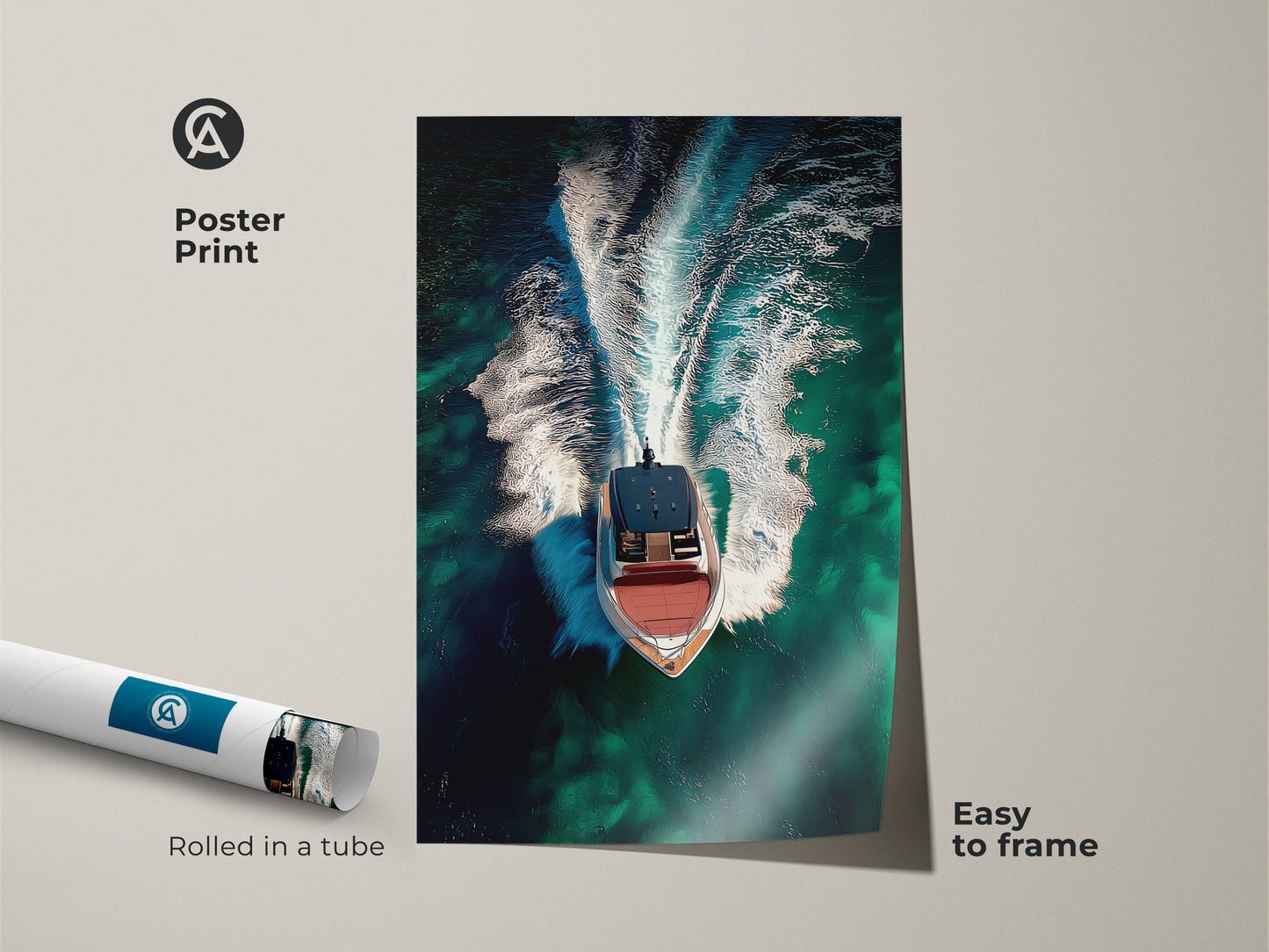 Poster print of an aerial speedboat cutting through emerald green water. This turquoise water speedboat artwork is easy to frame. The contemporary boat art showcases a modern yacht. A perfect boating gift idea.