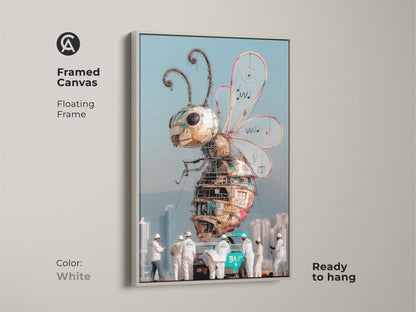 Framed canvas of steampunk bee wall art in a white floating frame. It's a clean and modern industrial insect artwork. The metal bee home decor is ready to hang. This mechanical bee canvas print blends seamlessly. It is suitable as a sci-fi bee poster.