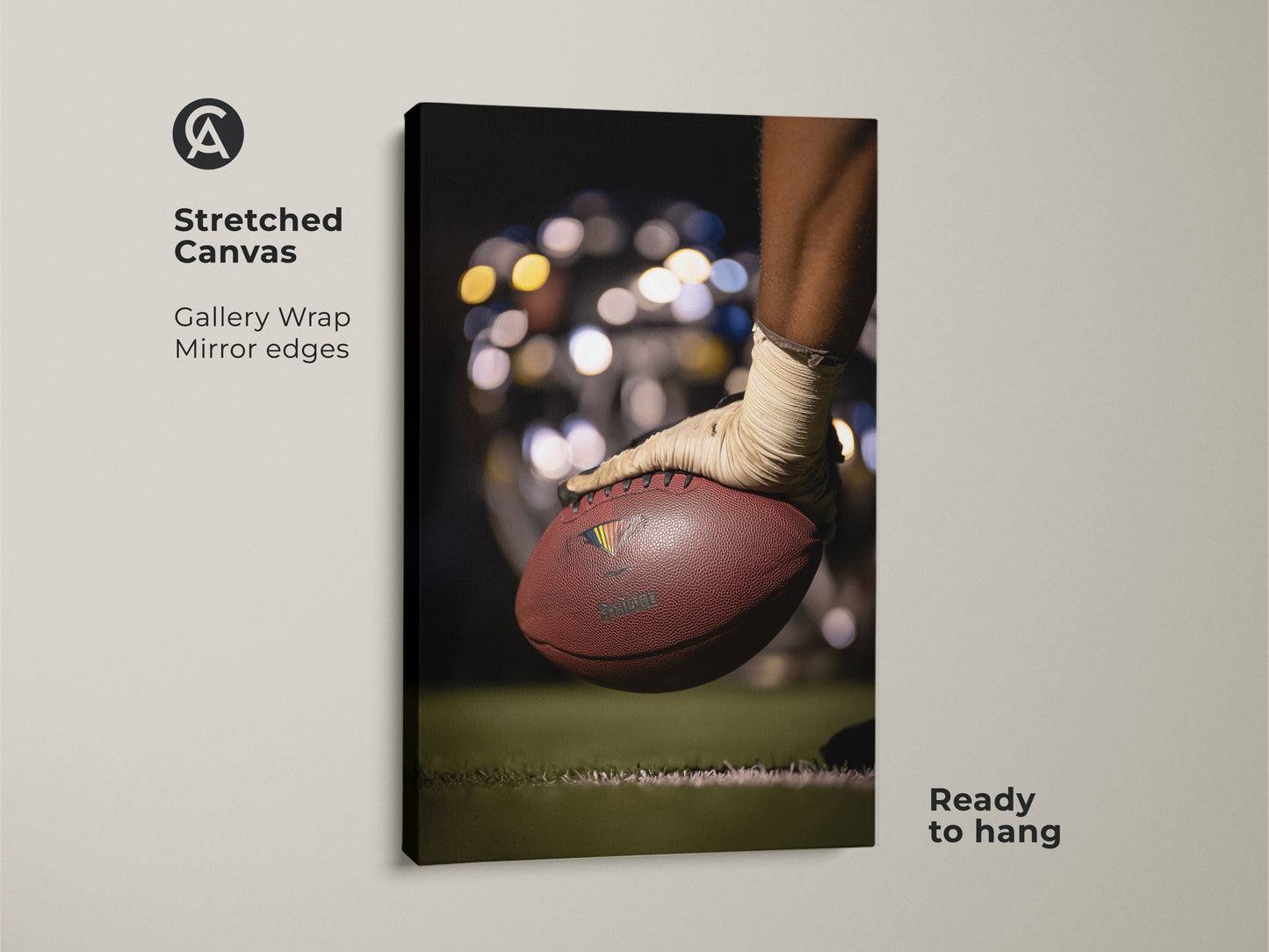 A stretched canvas print displays a football action shot. The gallery wrap showcases mirror edges for a modern touch. This artwork is ready to hang adding sports energy to any room. It's a unique sports gift idea. Perfect for masculine home decor for a sports fan's man cave.