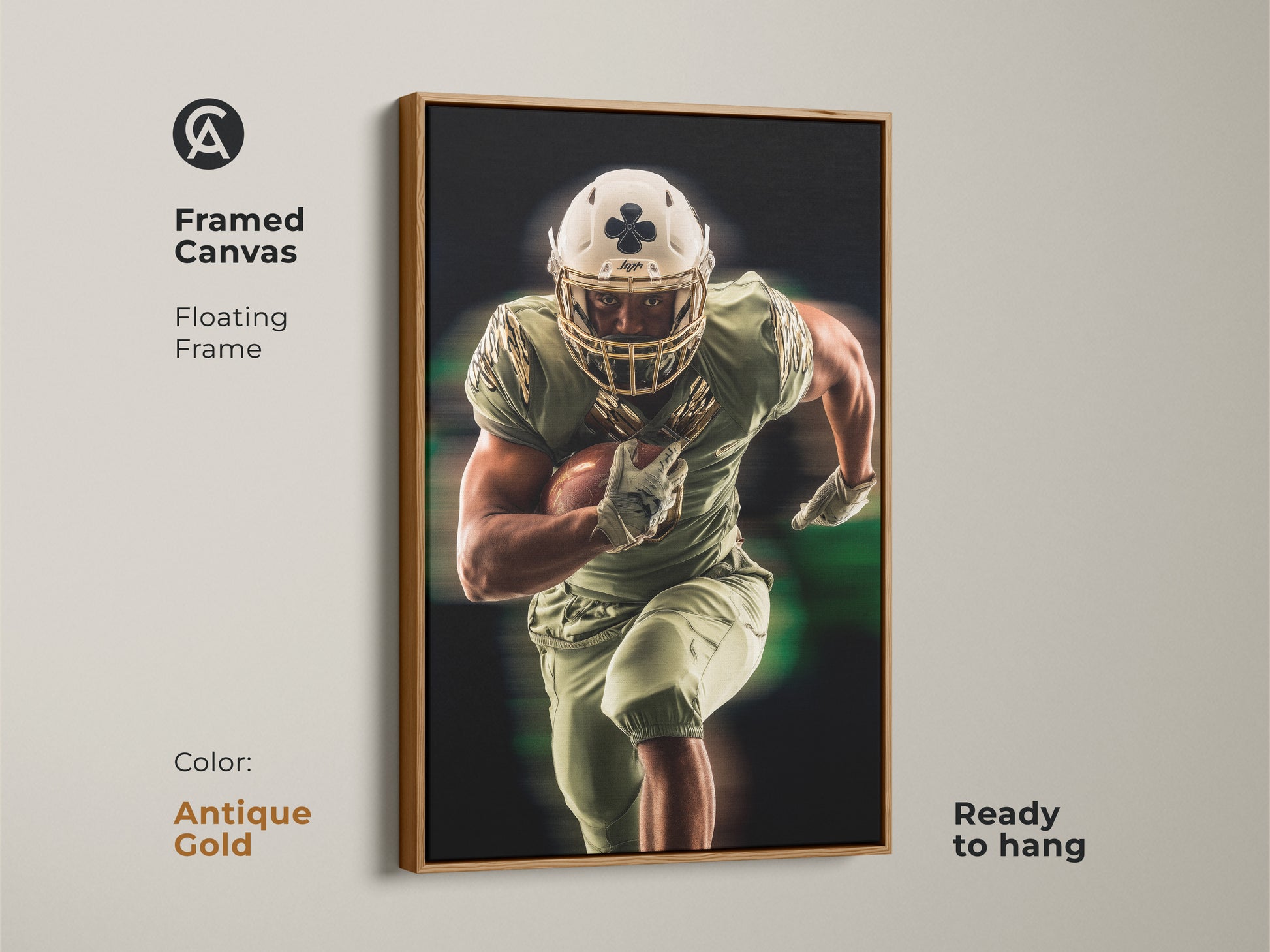 Antique gold framed canvas showcasing an American Football player. The floating frame brings out the modern sports artwork. Ready to hang this piece is a perfect gift for sports enthusiasts.