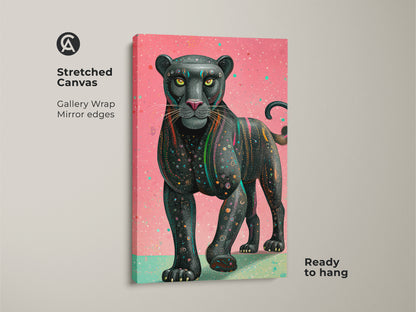 A stretched canvas features pink teal geometric panther art. This contemporary wildlife canvas print shows abstract animal artwork for an eclectic home. The gallery wrap with mirror edges adds a refined touch. This black panther artwork is ready to hang. Perfect for those who love animals and appreciate unique art.