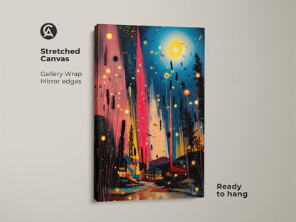 Stretched canvas displaying abstract landscape artwork with a village night scene. The gallery wrap features mirror edges and is ready to hang. Teal and pink hues add eclectic charm.