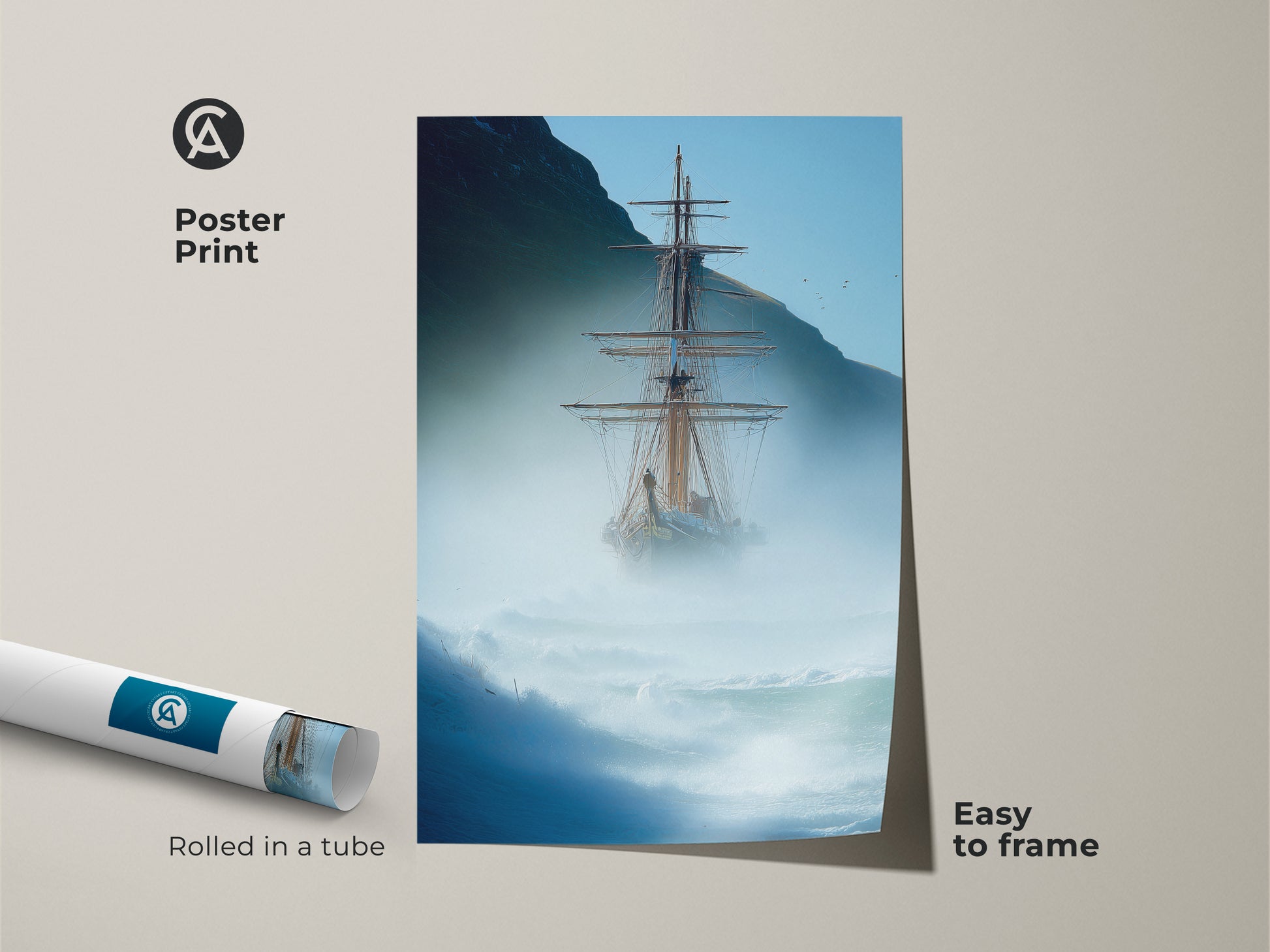 Discover a stunning tall ship poster print depicting a blue gray stormy ocean. This nautical wall decor is perfect for maritime enthusiasts. Easy to frame this coastal art print brings adventure to any room. Add this sailing ship artwork to your home office for ocean-inspired vibes.